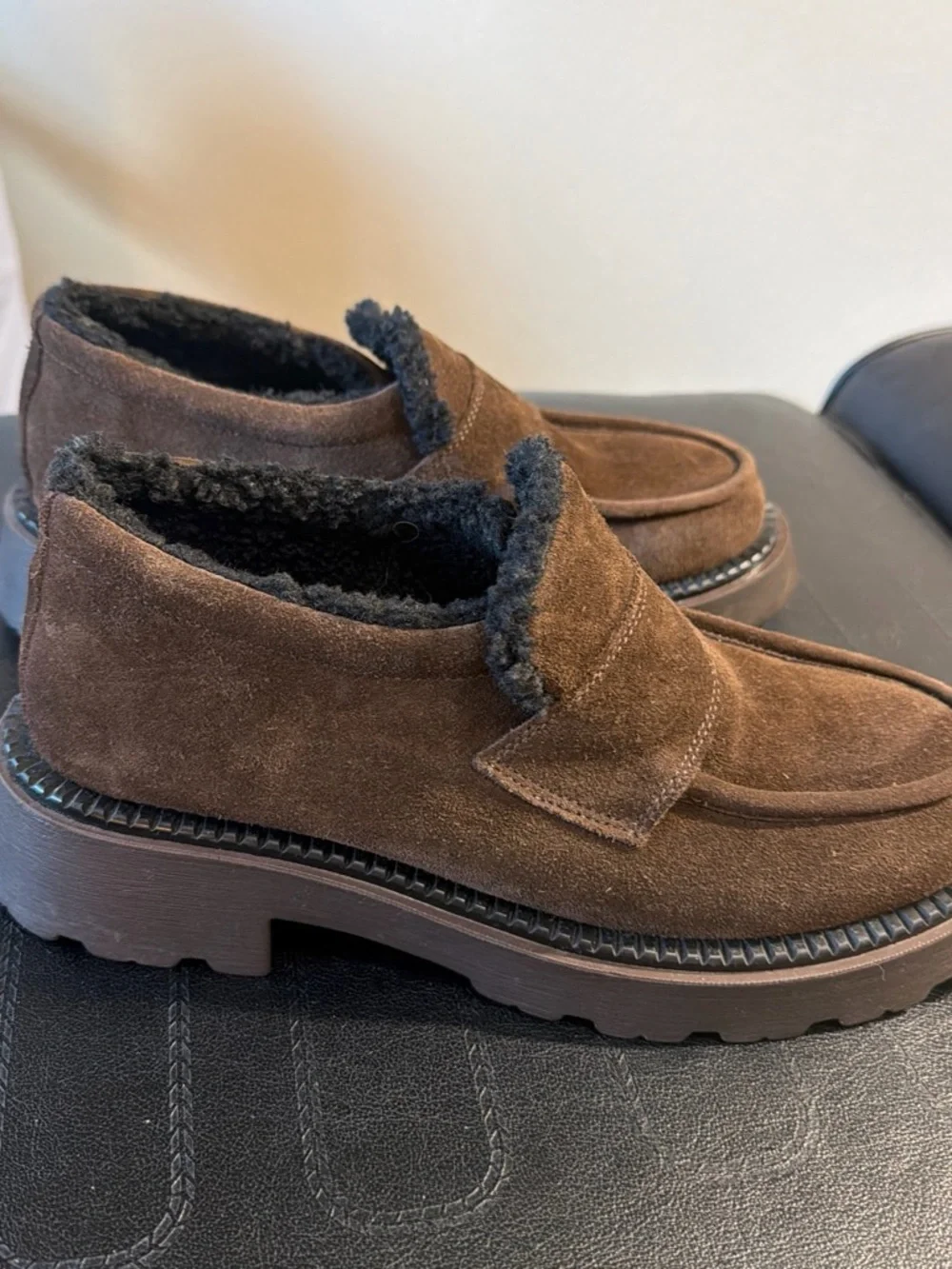 Brown Suede Fuzzy-Lined Platform Loafers